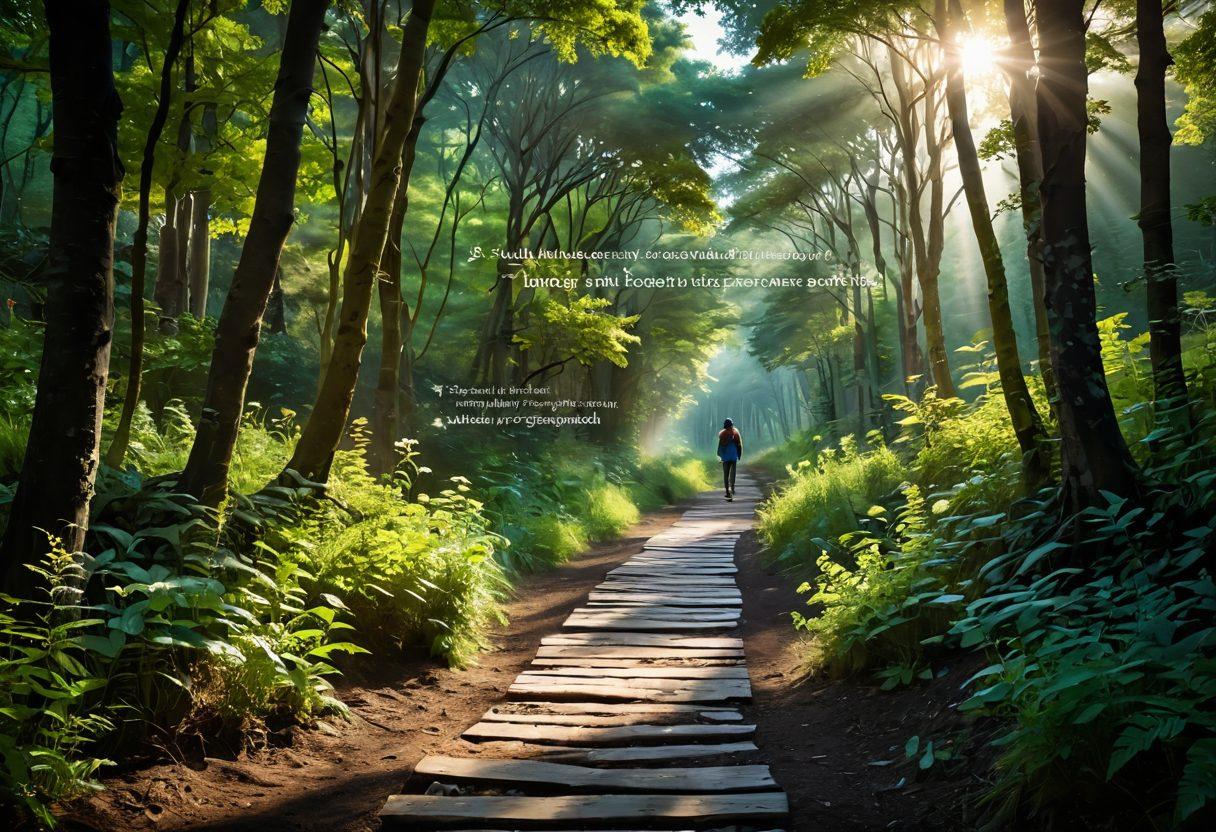 A serene landscape representing hope, featuring a pathway through a lush forest with light filtering through the trees. Alongside the path are empowering words like 'Knowledge', 'Support', and 'Strength' woven into the natural elements. In the distance, silhouettes of diverse individuals walking together, symbolizing community and empowerment. Gentle butterflies fluttering around, adding a touch of life. super-realistic. vibrant colors. soothing atmosphere.
