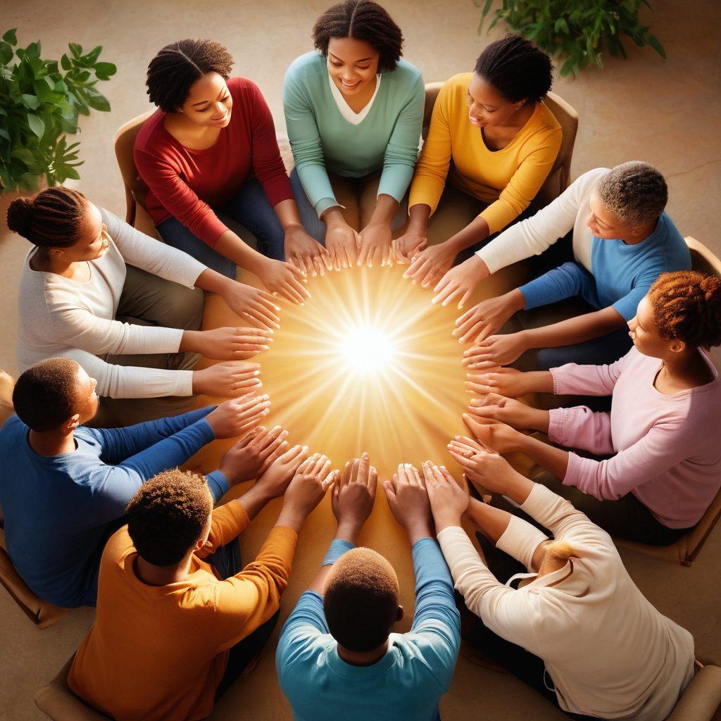 A diverse group of individuals sitting in a circle, sharing stories and support, with expressions of hope and resilience. The background features soft, warm lighting, symbolizing comfort and safety. Incorporate symbols of advocacy like ribbons and supportive hands. Include elements of nature to convey healing, such as plants or sunlight streaming in. super-realistic. vibrant colors. warm tones.